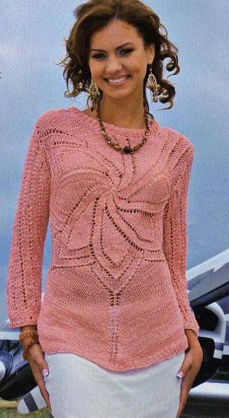 Розовый свитер вязание спицами